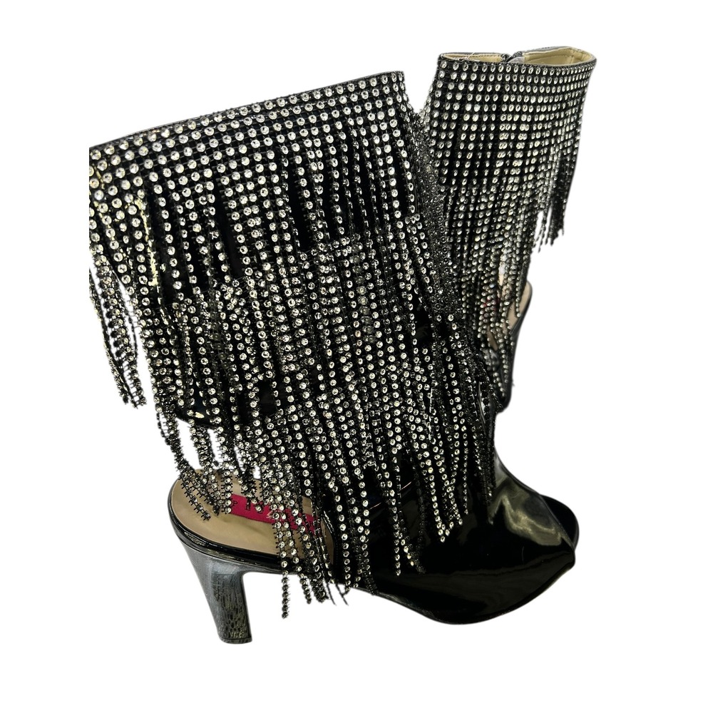 Pleaser Queen-100 Rhinestone Fringe Ankle Boots Black‎ Open Toe Heels Party